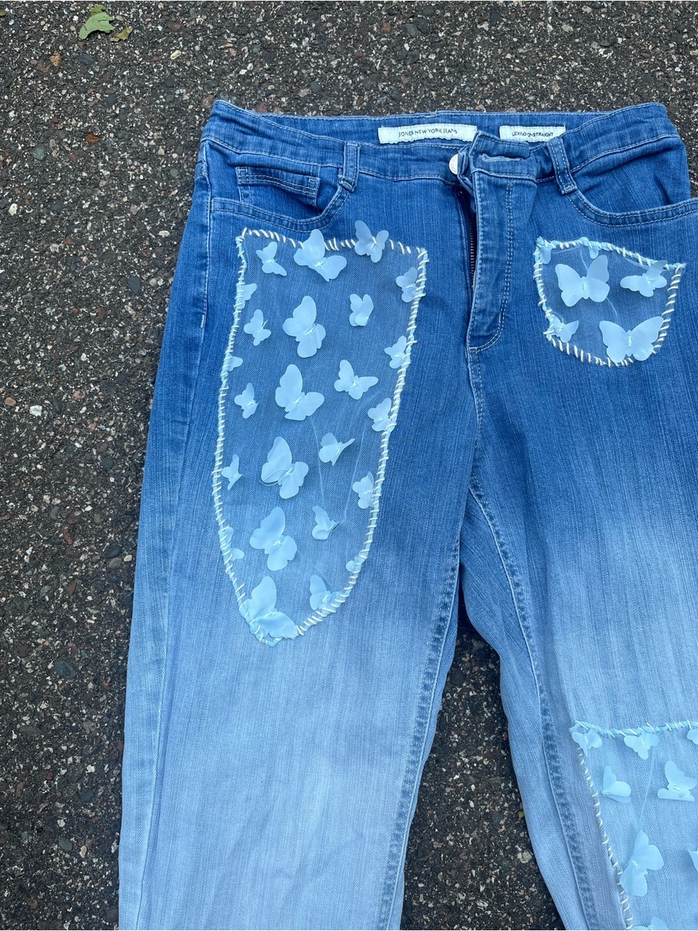 OOAK reworked Light Blue Women’s Jeans with Butterfly Patch Details - Picture 2 of 4